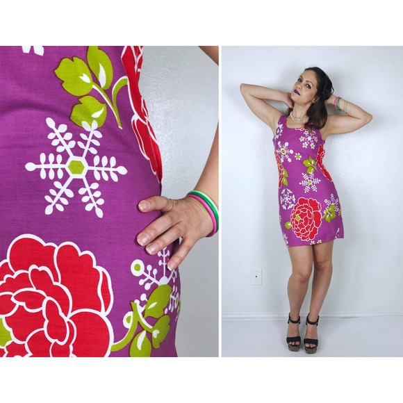 vintage 60s Orchid GIANT FLOWERS Snowflake Print tropical retro summer sun dress - Picture 1 of 10
